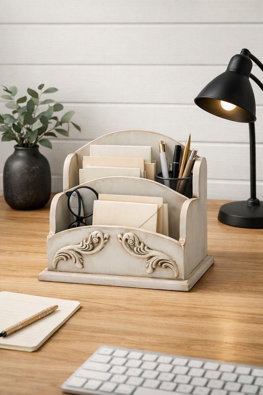 Upcycled Wooden Organizer • Ornate Moulding Desk Caddy • Cottagecore Storage